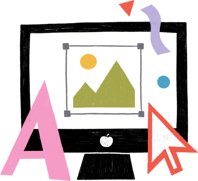 Computer with Graphic Design Elements